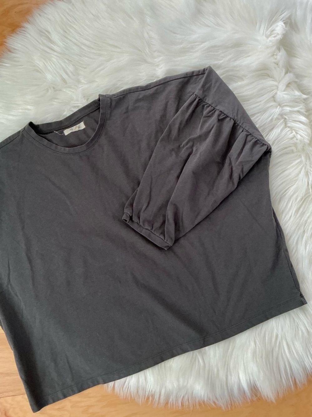 Madewell Dark Grey Puff-Sleeve Long Sleeve Oversized Boxy Crew Neck Tee Large